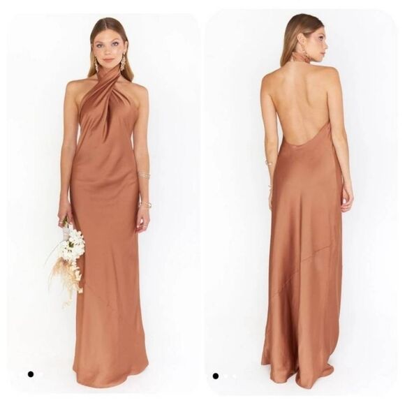 NWOT Show Me Your MuMu Jasmine Halter Maxi Dress In Cooper Luxe Satin - Picture 1 of 8